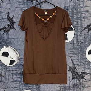 Brown V-Neck Top with Beaded Necklace